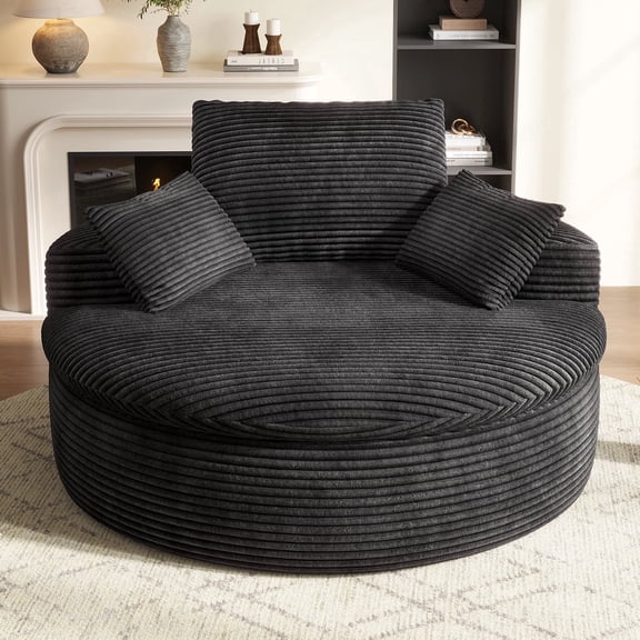 COPIAE 59" Oversized Round Corduroy Chaise Lounge Chair, Double-Layer Upholstered Cushion Sofa Bed with 2 Throw Pillows & Back Pillow for Living Room, No Assembly Required, Dark Gray