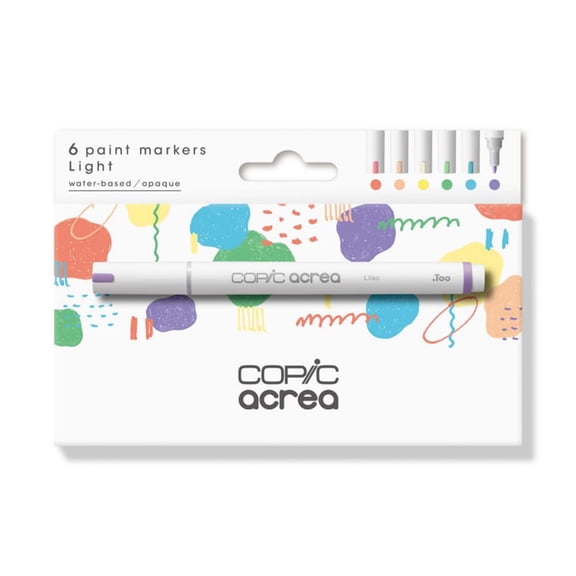 COPIC acrea Set of 6 Light Paint Markers with Water and Pigment-Based Ink, Line Width 0.8-1.2 mm