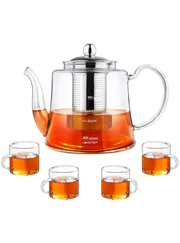 COPOTEA Glass Tea kettle Stovetop Safe, 40oz/1200ml Glass Teapot Gift Set with 4 Teacups, Tea Pot with Removable Infuser for Loose Leaf and Blooming Tea