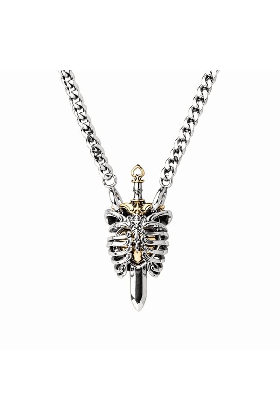 Beating Heart Pendant, Small, 25 Inch Cuban Chain, Steampunk Mechanical Heart Necklace, Rib Cage Pendant, Gift Jewelry