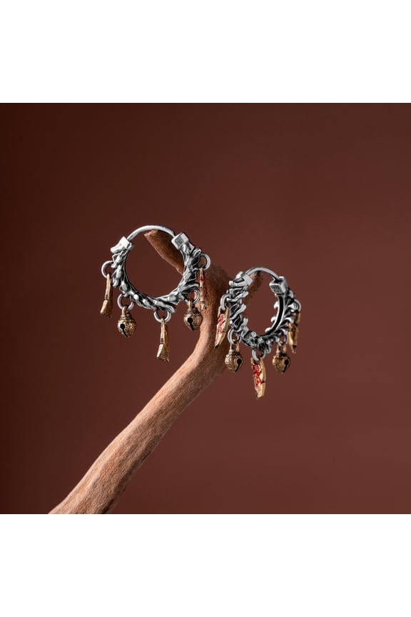 Celestial Chime Hoop Earrings, Oxidized Silver Brass Cinnabar, Handmade Bell Dangle Earrings for Unisex