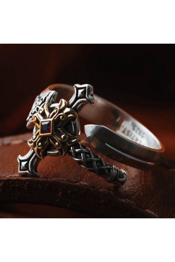 Judicator Ring, Oxidized Silver & Brass Adjustable Wrap Ring with Red Corundum, Medieval Sword Inspired