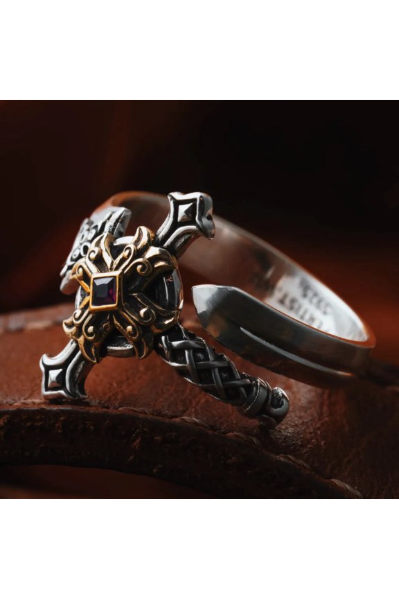Judicator Ring, Oxidized Silver & Brass Adjustable Wrap Ring with Red Corundum, Medieval Sword Inspired