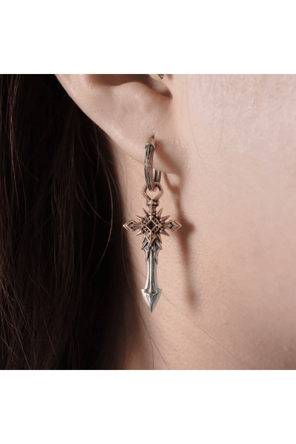 Solar Drop Earrings for Women Men, Oxidized Silver & Brass Crescent Dangle Earrings with Red Ruby, Gothic Fantasy Jewelry