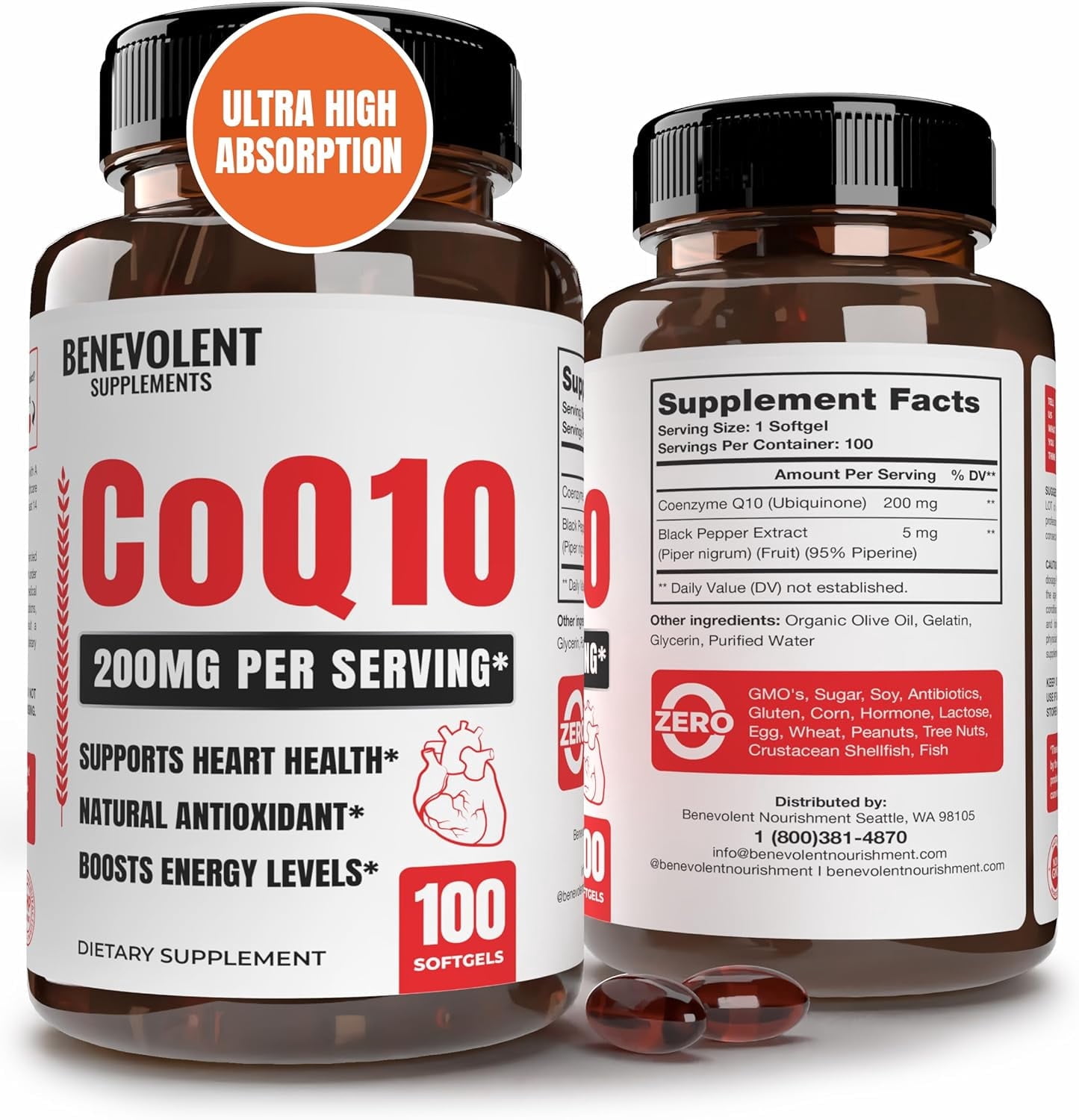 Benevolent Nourishment CoQ10 200mg Softgels, High Absorption Coenzyme Q10 Supplement, 100 Count