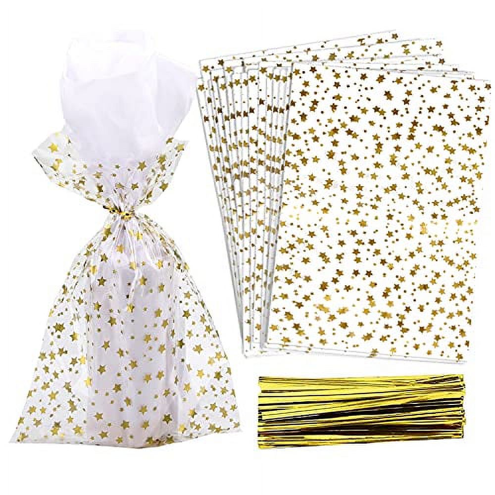 COQOFA 100 Pcs Star Printed 4"X 9" Gift Wrap Cello Cellophane Treat