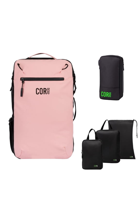 Carry On Travel Backpack Bundle | Island Hopper Travel Backpack with Toiletry Bag and Compression Packing Cube Set (28L, Pink)