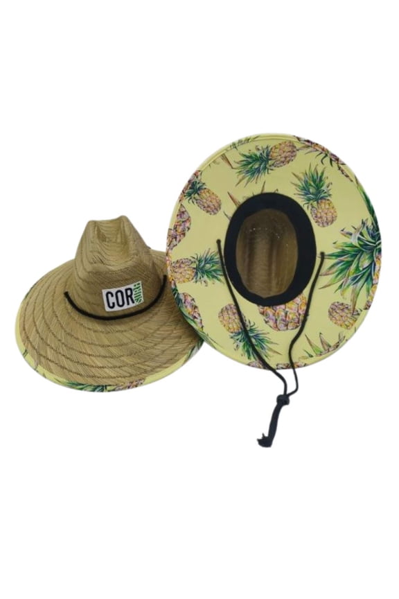Classic Straw Lifeguard Hat with Stretch Fit Headband with Cloth Lining for Extra Sun Protection (Pineapple, M-L)