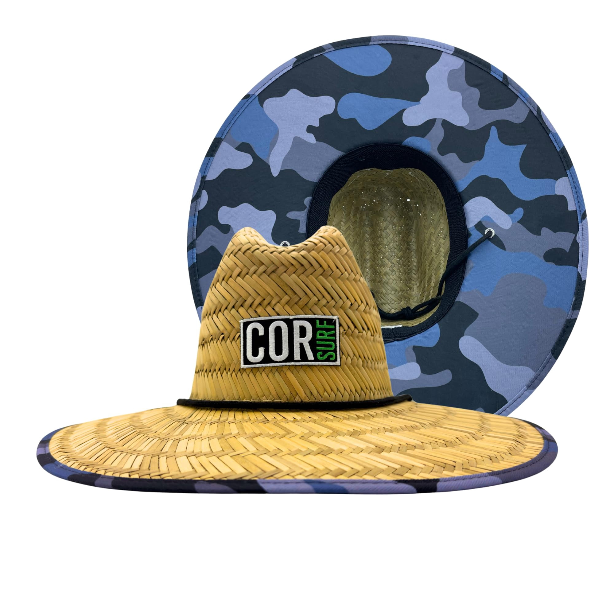 Straw Beach Hat - UPF 50+ Cotton Patriotic Under Brim Lifeguard - Drawstring Fit - Large