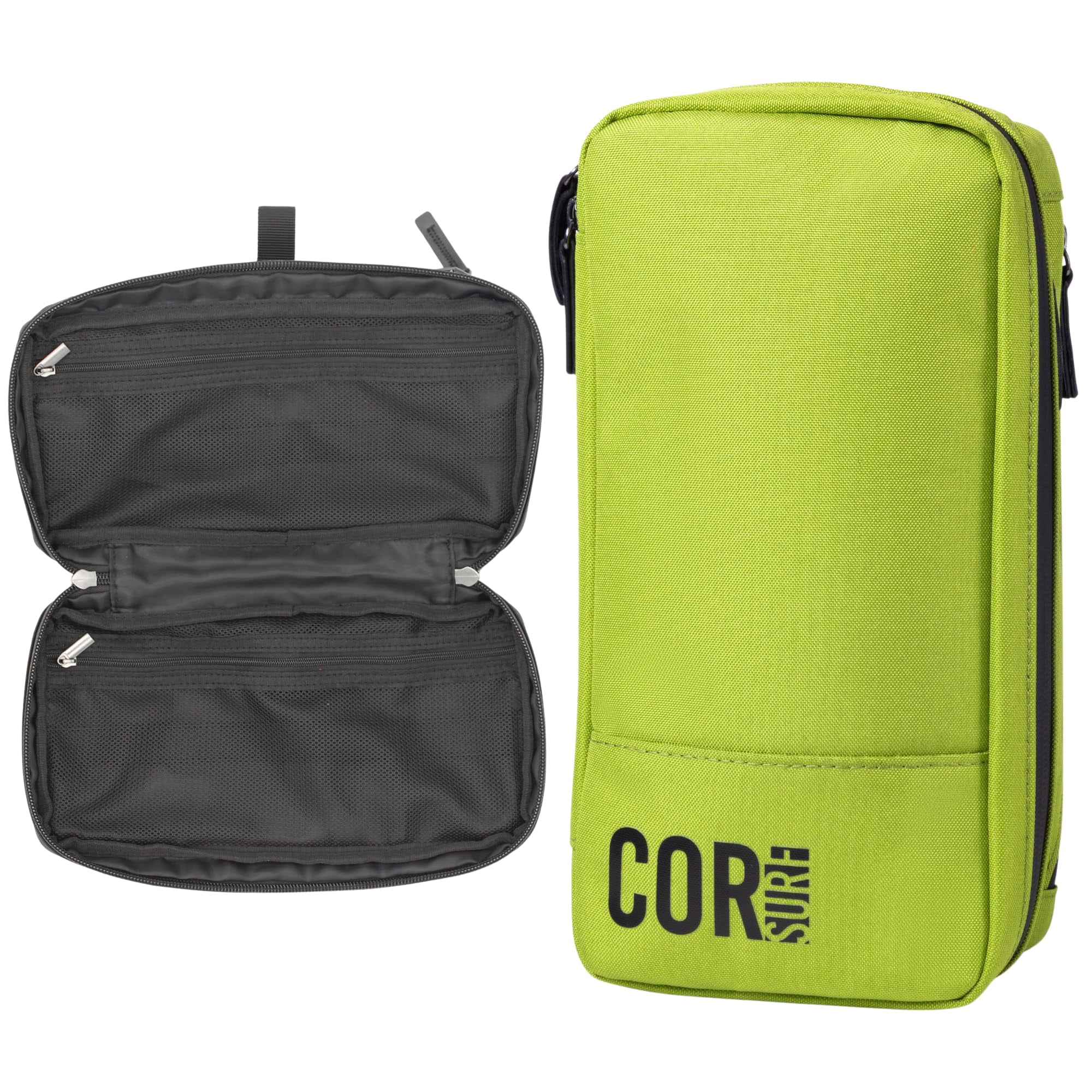 COR Surf Compact Toiletry Travel Bag Hanging, Premium Mens and Women Dopp Kit for Travel | Waterproof with 4 Separate Compartments and Waterproof Zippers (Green)