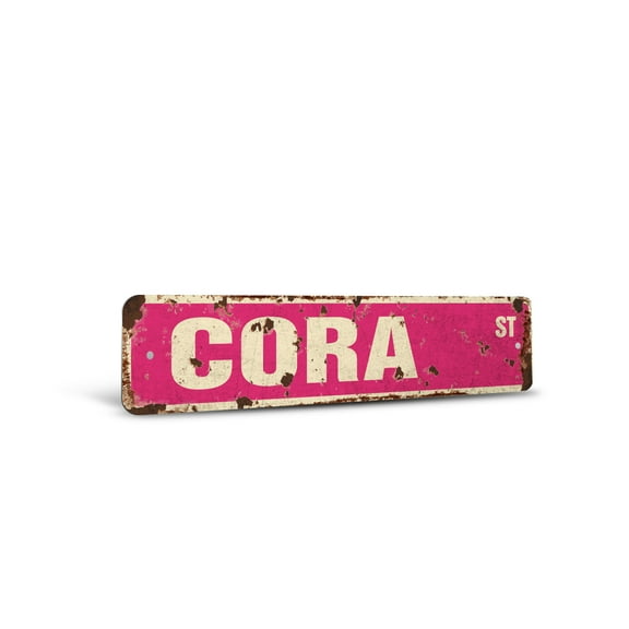 CORA Vintage Style Rustic Street Sign – Childrens Name Room Sign Retro Decorative Wall Sign for Home, Bar, Garage, or Outdoor Use | 4" X 18" Aluminum Metal Road Sign