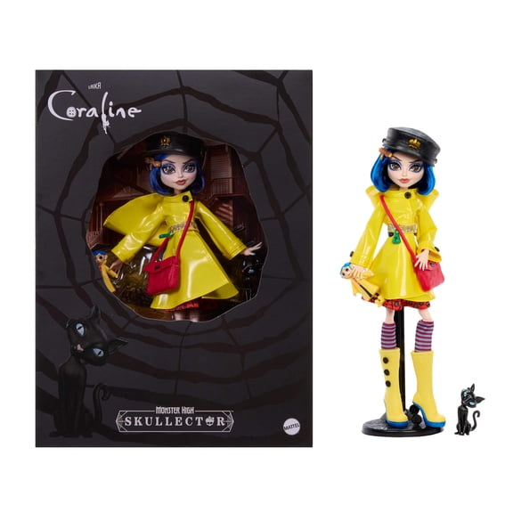 Monster High Skullector Coraline Collectible Doll in Yellow Raincoat with Cat