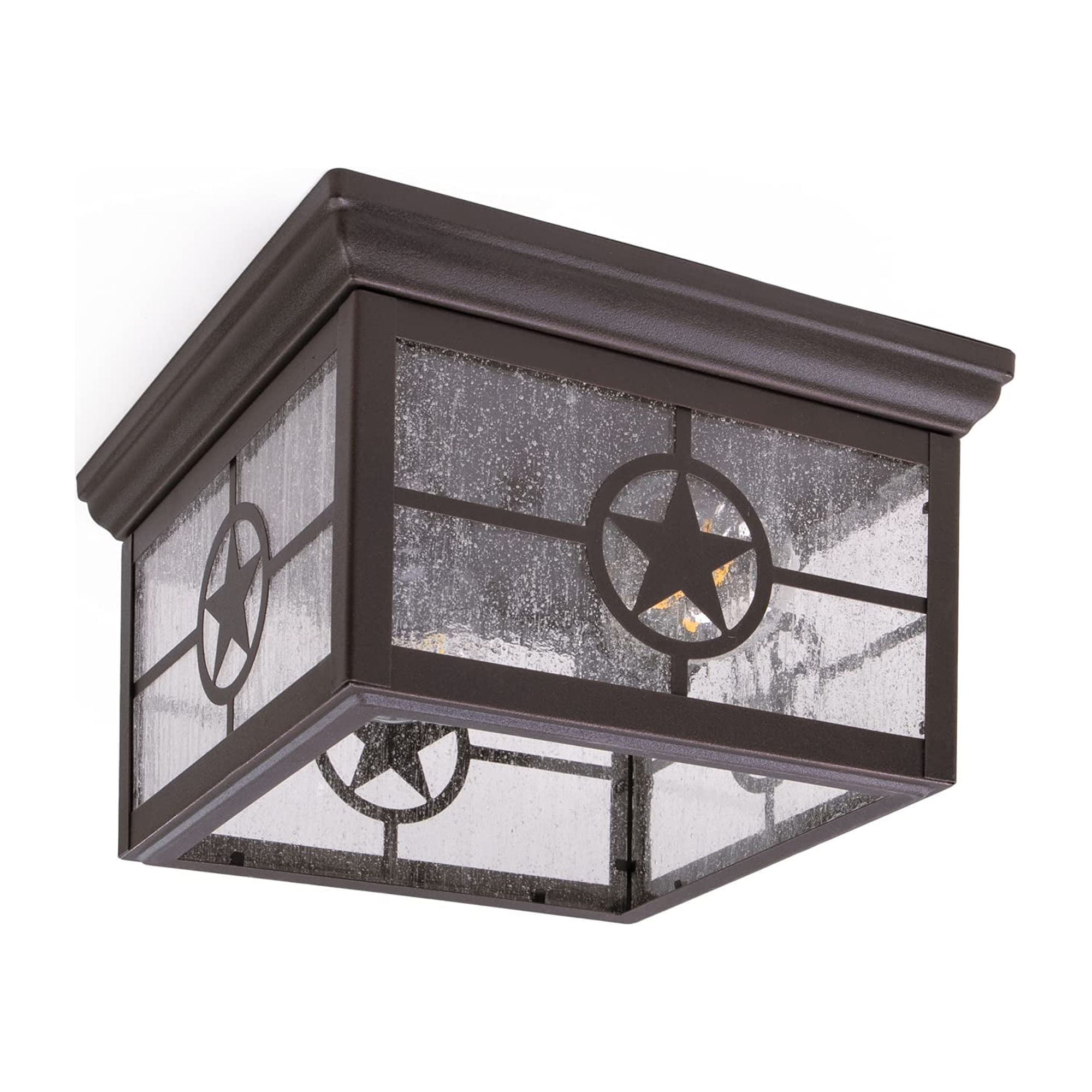 CORAMDEO Country Star Square Light Ceiling Mount Farmhouse Fixture,  Indoor or Outdoor, Two Standard Sockets, Open Bottom, Damp Location, Black  Powder Coat Finish with Seedy Glass (OC0031S-E26-BLK)