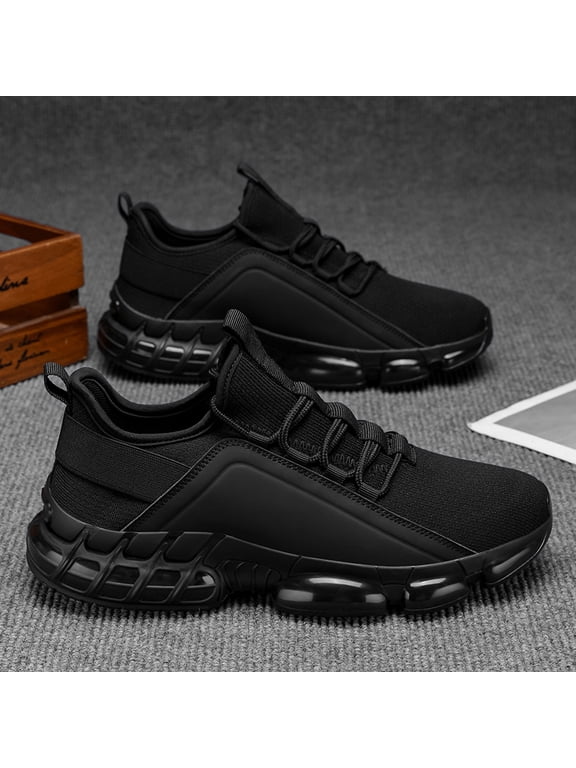 Men's Air Cushion Running Sneakers, Breathable Knit Upper Lace Up Athletic Shoes, Shock Absorbing Non Slip Workout Shoes