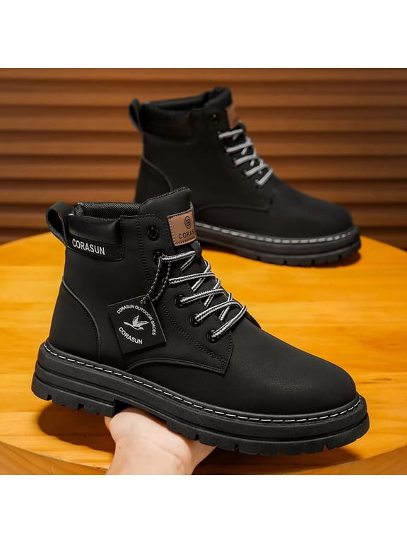 Men's Black High Top Martin Boots, Lace Up Platform Ankle Combat Boots, Wear-resistant Outdoor Work Hiking Boots