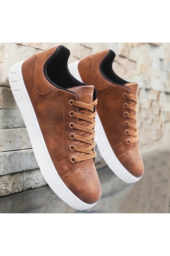 Men's Classic Business Casual Sneakers | Leather-Look Low Top Lace-Up White Sole Shoes | PU Waterproof & Dirt-Resistant | PVC Non-Slip (Brown/Black)