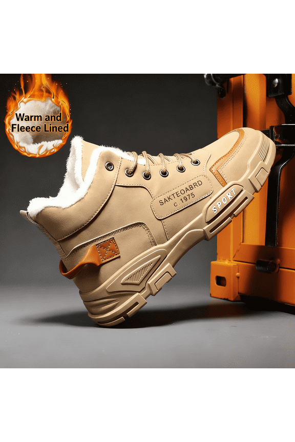 Men's Classic Lace-Up Work Boots, Waterproof PU Winter Snow Boots, Plush Fur Lined, Lightweight PVC Anti-Slip Sole for Outdoor & Hiking