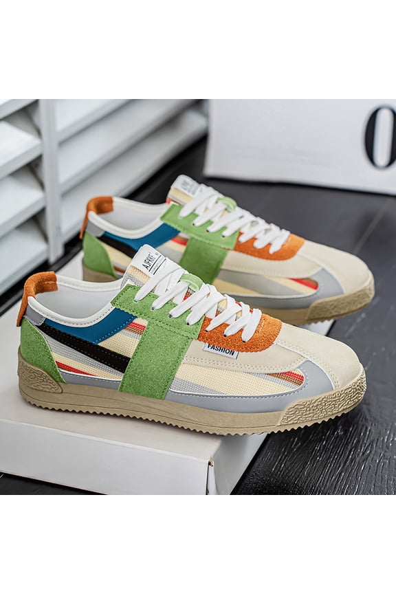 Men's Fashion Athletic Sneakers, Leather and Mesh Mix Breathable Casual Shoes for Streetwear, Gym and Outdoor Activities, Green/Orange