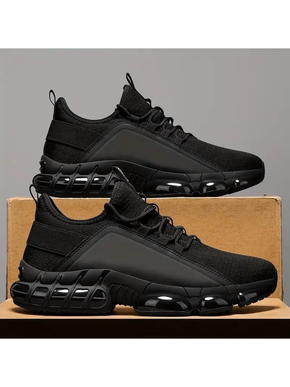 Men's Fashion Breathable Knit Running Shoes, Lace-Up Casual Training Sneakers, Lightweight Anti-Slip PVC Air Cushion Sole