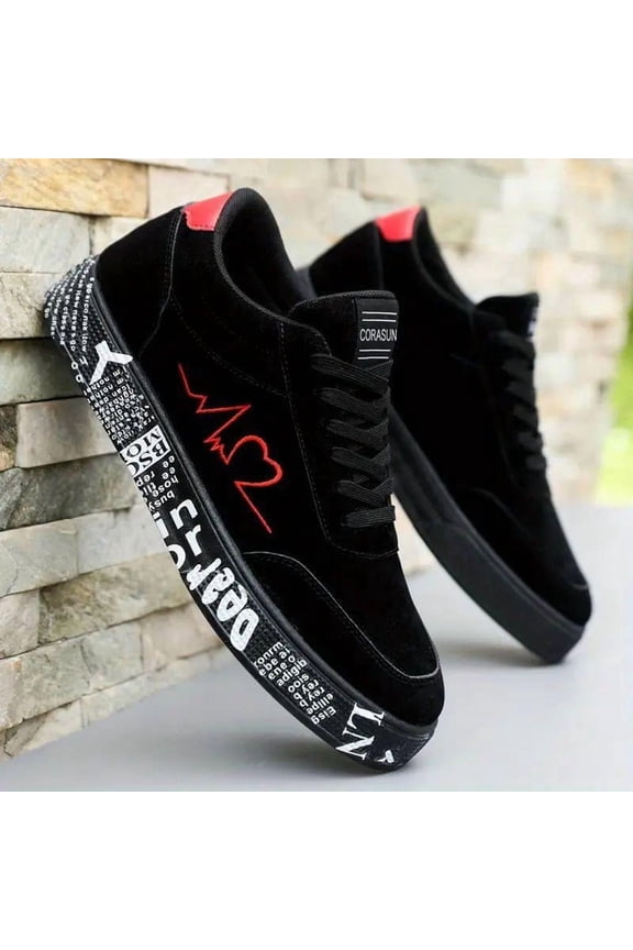 Men's Fashion Heartbeat Graffiti Casual Sneakers | Lace-Up Low Top Skate Shoes | PU Waterproof & Dirt-Resistant | PVC Non-Slip & Wear-Resistant (Red/Black)