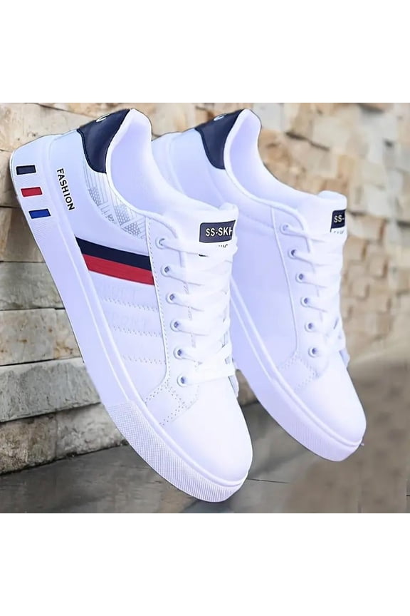 Men's Fashion White Sneakers, Waterproof PU Leather, Durable Lightweight Lace-Up Shoe for Summer & Daily Casual