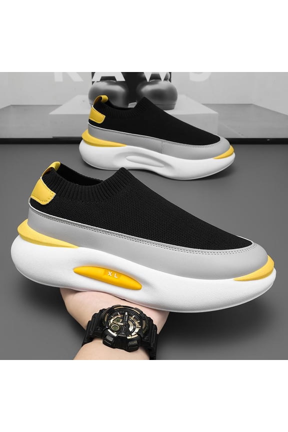 Men's Thick Sole Flyknit Walking Shoes, Breathable Lightweight Slip-on Sneakers for Gym, Casual Work & Travel, Black and Yellow
