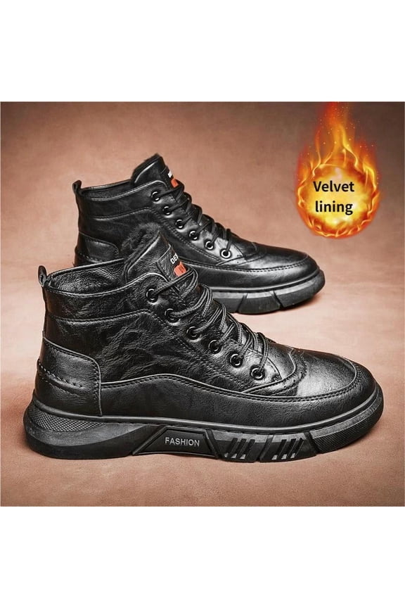 Men's Waterproof PU Leather Mid-Top Winter Boots, Warm Velvet Lined Ankle Snow Boot for Outdoor Trekking & Casual Daily Wear, Non-Slip PVC Sole Work Shoes