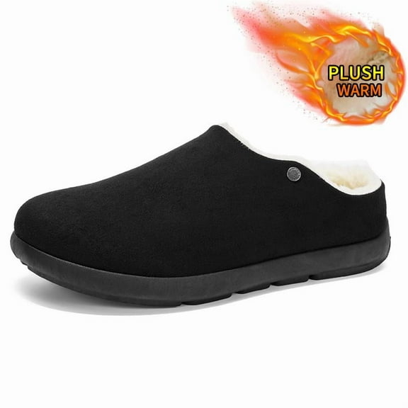 CORASUN Men's Waterproof PU Leather Slippers, Faux Fur Lined Warm House Shoes with Non-Slip PVC Sole, Indoor Outdoor Clogs for Men, Dad, Husband, Black