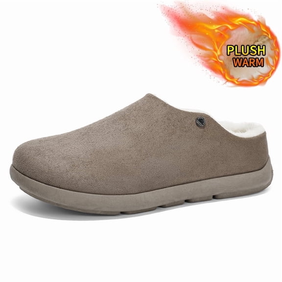 CORASUN Men's Waterproof PU Leather Slippers, Faux Fur Lined Warm House Shoes with Non-Slip PVC Sole, Indoor Outdoor Clogs for Men, Dad, Husband, Gray