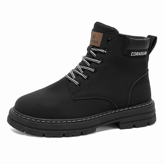 CORASUN Men's Waterproof Work Boots - Non-Slip PVC Sole Ankle Hiking Boots, Durable PU Leather Casual Outdoor Shoes for Construction, Motorcycle & Daily Wear (Black/Khaki)