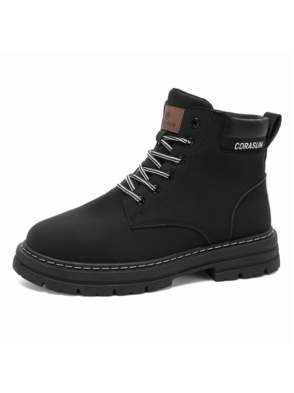 Men's Waterproof Work Boots - Non-Slip PVC Sole Ankle Hiking Boots, Durable PU Leather Casual Outdoor Shoes for Construction, Motorcycle & Daily Wear (Black/Khaki)