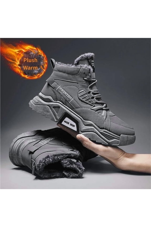 Men's Winter Fur Lined Warm Mid-Top Snow Boots | PU Waterproof & Dirt-Resistant | Lace-Up Thick Sole Outdoor Work Boots | PVC Non-Slip (Black/Gray)