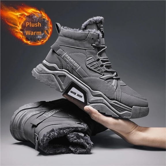 CORASUN Men's Winter Fur Lined Warm Mid-Top Snow Boots | PU Waterproof & Dirt-Resistant | Lace-Up Thick Sole Outdoor Work Boots | PVC Non-Slip (Black/Gray)