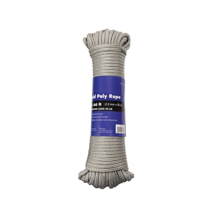 CORDA Diamond Braid Rope, Grey, Polypropylene, 1/8" x 66'