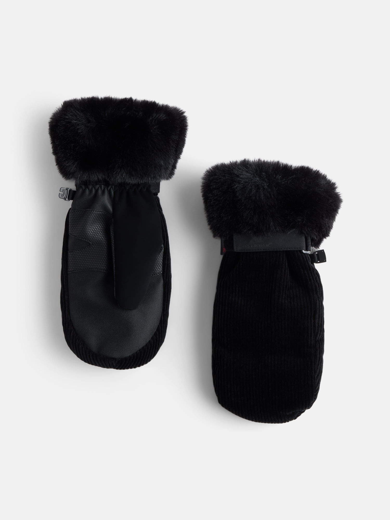 Ozark Trail Women's Corduroy Ski Mittens with Faux Fur Cuffs, Black Soot, Sizes S/M