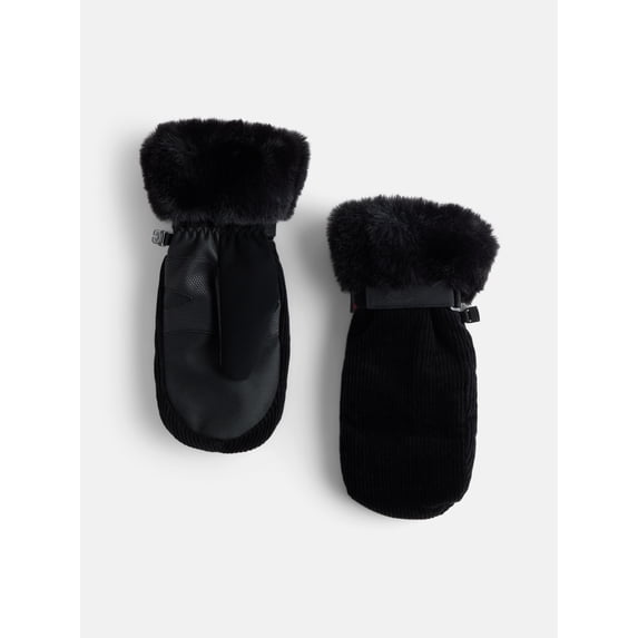 Ozark Trail Women's Corduroy Ski Mittens with Faux Fur Cuffs, Black Soot, Sizes S/M