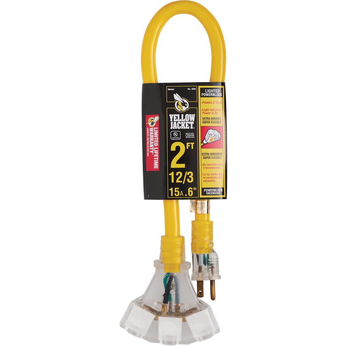 Coleman Cable Heavy-Duty Power Block Extension Cord - 3 Outlets, 2', 12/3, Yellow — Indoor & Outdoor Use, NEC-Compliant