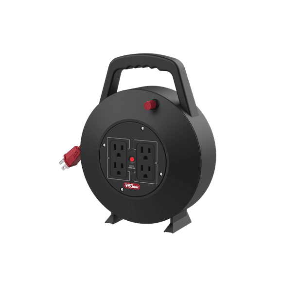 Hyper Tough 25' Extension Cord Reel with 4 Outlets, Black/Red