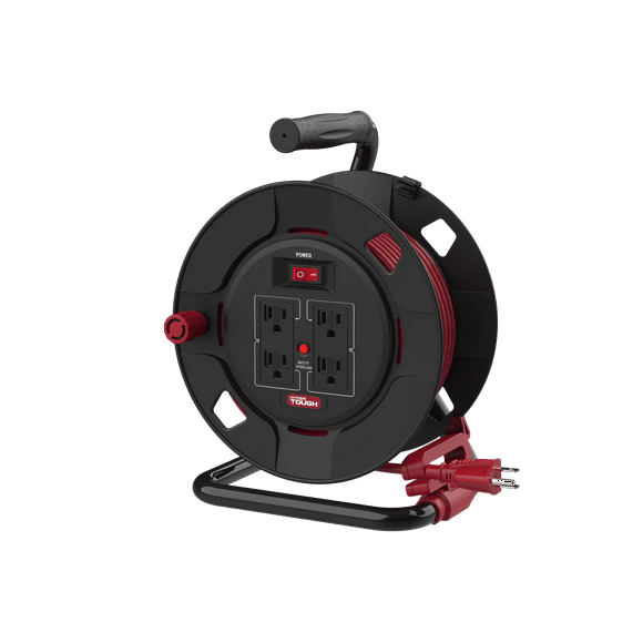 Hyper Tough Cord Reel 50ft. 4 Power Outlets Heavy Duty 14 AWG SJTW Cable Black and Red Color, Material: PP, PVC, Copper