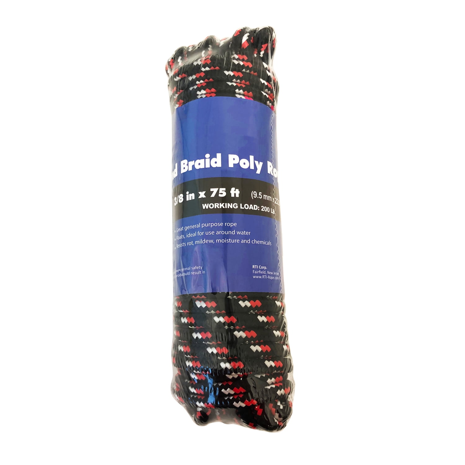 CORDA Diamond Braid Rope, Black, Polypropylene, 3/8" x 75'
