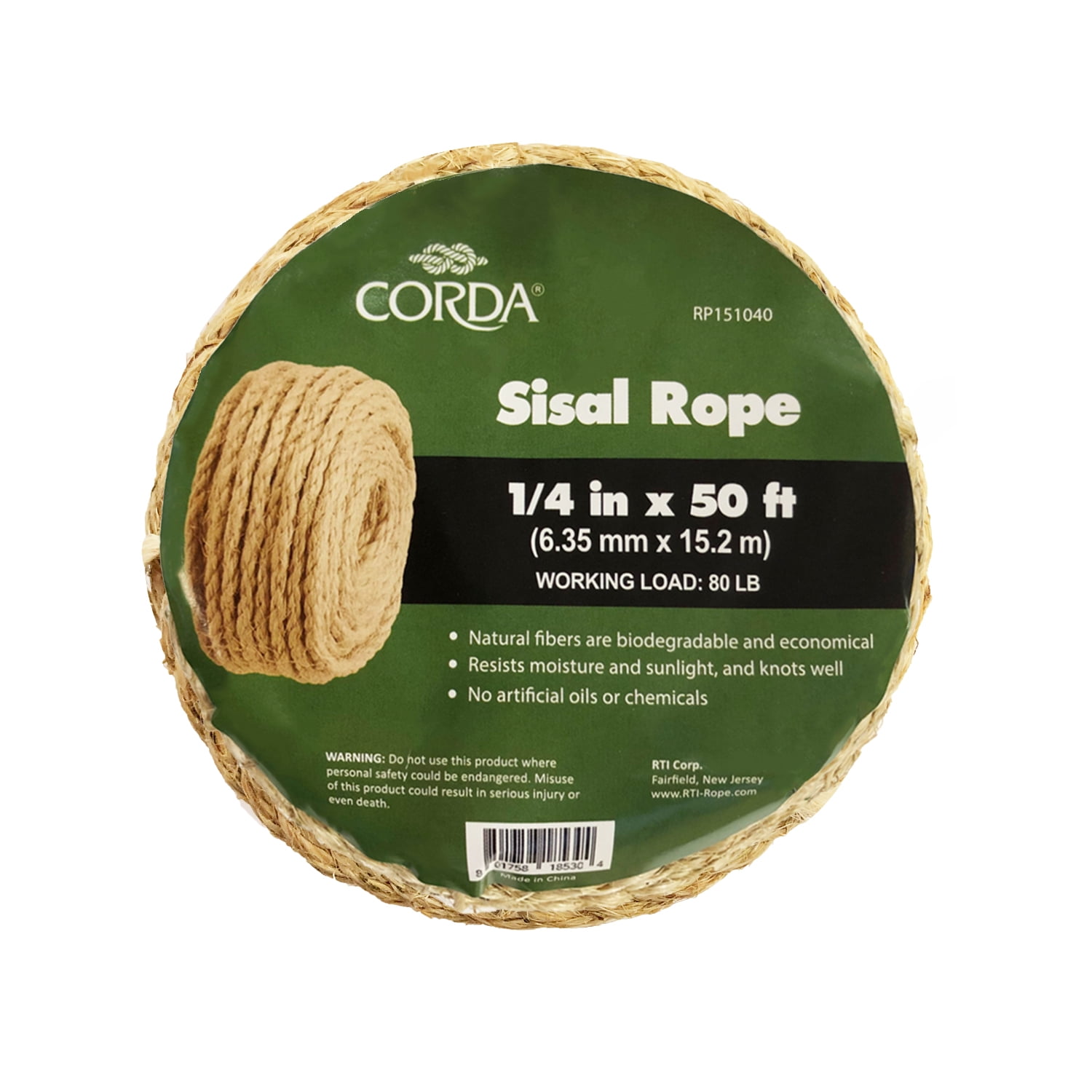 CORDA Sisal Rope, 1/4" x 50'