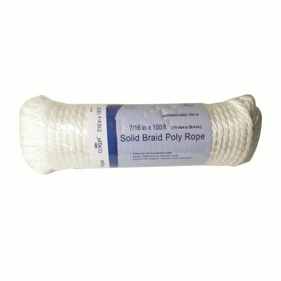 CORDA Solid Braid Poly Rope, White, 7/16" x 100'