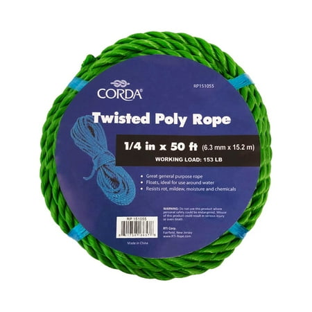CORDA Twisted Rope, Green, Polypropylene, 1/4" x 50'