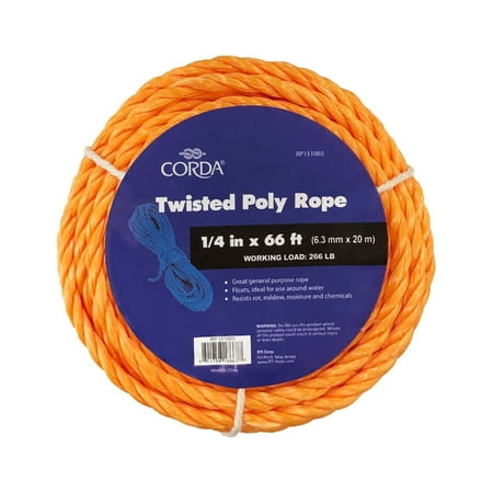 CORDA Twisted Rope, Orange, Polypropylene, 1/4" x 66'