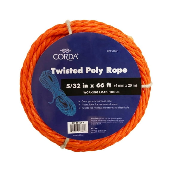 CORDA Twisted Rope, Orange, Polypropylene, 5/32" x 66'