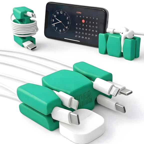 CordBrick Silicone + Steel Weighted Cord Holder for Nighstand, Cable Wrap for Travel, iPhone Accessory, Small Graduation Gift for College Students, Guys, Men. Green