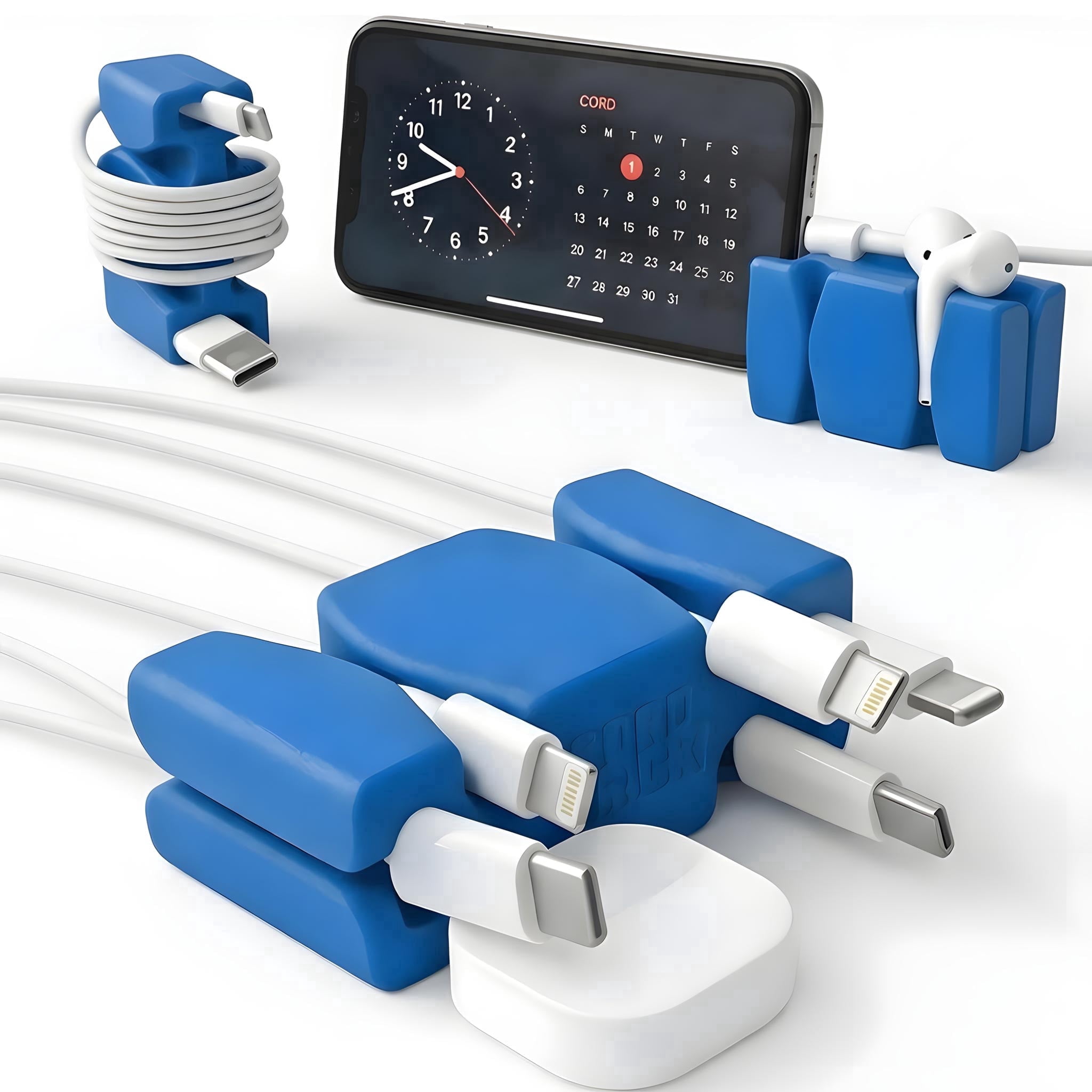 CordBrick 2PK Silicone + Steel Weighted Cord Holders for Nighstand, Cable Wraps for Travel, iPhone Accessories, Small Graduation Gifts for College Students, Guys, Men. Blue