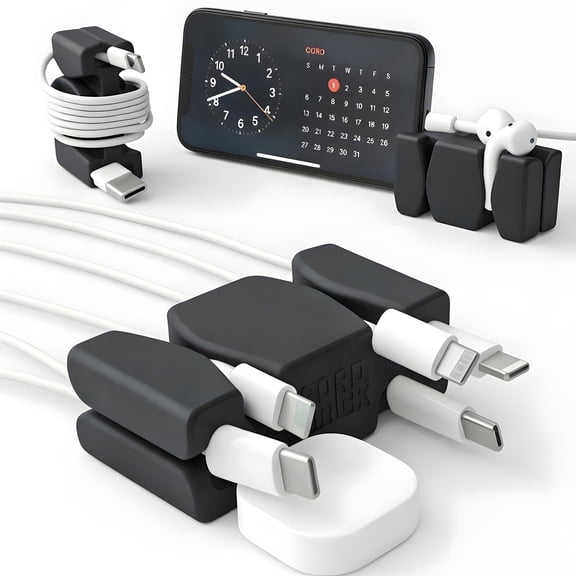 CordBrick Steel Weighted Cord Holder, Cord Wrap, Phone Accessory, Stocking Stuffer for Men, Adults, College Students. Nightstand, Desk Travel Organizer. Silicone. 1pk Black