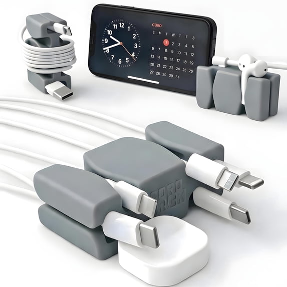 CordBrick Silicone + Steel Weighted Cord Holder for Nightstand, Travel Cord Management, iPhone Accessory, Easter Basket Stuffers for College Students, Adults, Men. Gray