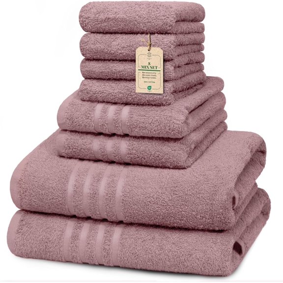 CORE 8-Piece Cotton Towel Set for Bathroom | Value Pack, Soft, Absorbent, Lightweight, Minimalist 2 Bath Towels (27x54 in), 2 Hand Towels (16x24 in) & 4 Washcloths (12x12 in) Rose Gold